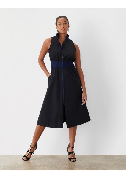 Kadın Dik Yaka Önü Fermuarlı Yırtmaçlı Baharlık Yazlık Beli Lastikli Şık Ceket Elbise fiyatları