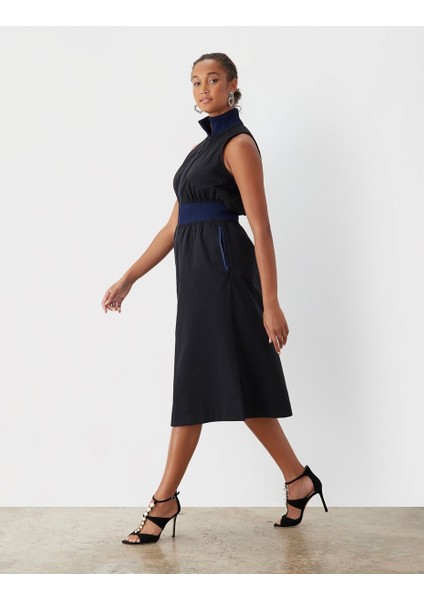 Kadın Dik Yaka Önü Fermuarlı Yırtmaçlı Baharlık Yazlık Beli Lastikli Şık Ceket Elbise indirimleri