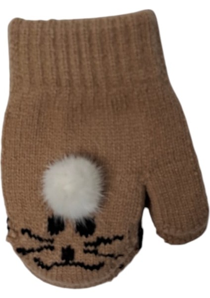 Spteks Kitti 1-3 Yaş Kız Çocuk Kahverengi Hayvan Desen ve Figürlü Kışlık Örme Eldiven