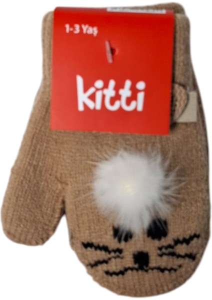 Spteks Kitti 1-3 Yaş Kız Çocuk Kahverengi Hayvan Desen ve Figürlü Kışlık Örme Eldiven modelleri
