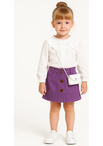 Yakası Fırfır Detaylı Çantalı Kız Çocuk Takım