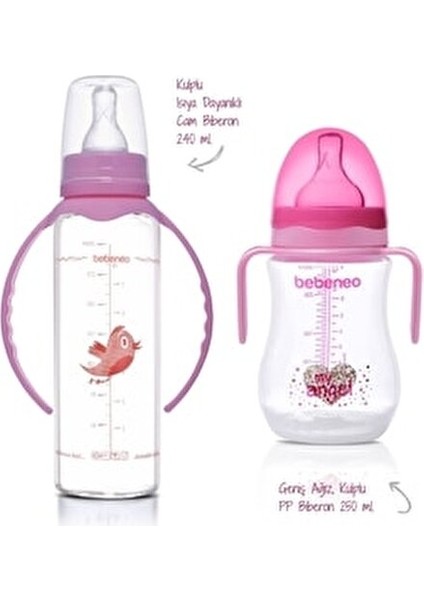 Isıcam Kulplu Biberon Seti 240 ml Cam ve 250 ml Geniş Ağızlı PP Biberon 2 Adet fiyatları