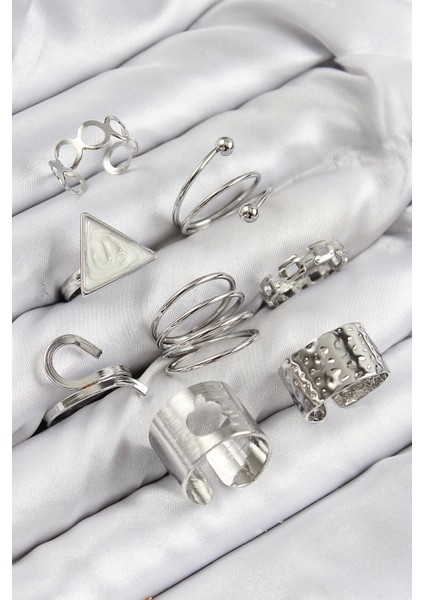 Pirinç Üçgen Model Gümüş Renk Kadın Yüzük Kombin Set - Lisinya