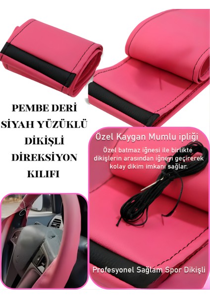 Skoda Fabia Pembe Deri Siyah Yüzüklü Dikiş Direksiyon Kılıfı Prime Kalite
