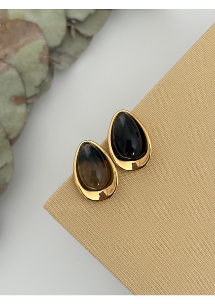 Vintage Damla Model Koyu Yeşil Gold Çelik Küpe