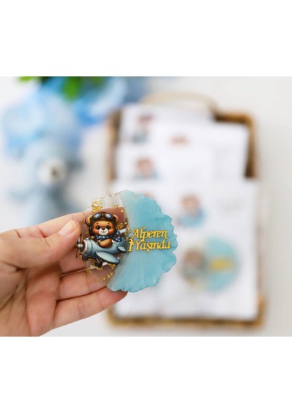 Uçak ve Ayıcık Figürlü Kişiye Özel Erkek Çocuk Doğum Günü Epoksi Magnet 20ADET