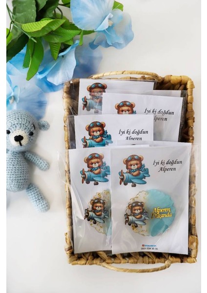 Uçak ve Ayıcık Figürlü Kişiye Özel Erkek Çocuk Doğum Günü Epoksi Magnet 20ADET