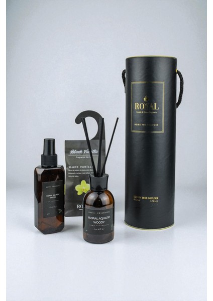 Floral Aquatic Woody Özel Hediye Seti – 100 ml Çubuklu Oda Kokusu + 150 ml Oda & Kumaş Spreyi + Black Vanilya Dolap Koku Kesesi + Özel Hediye Kutusu fırsatları