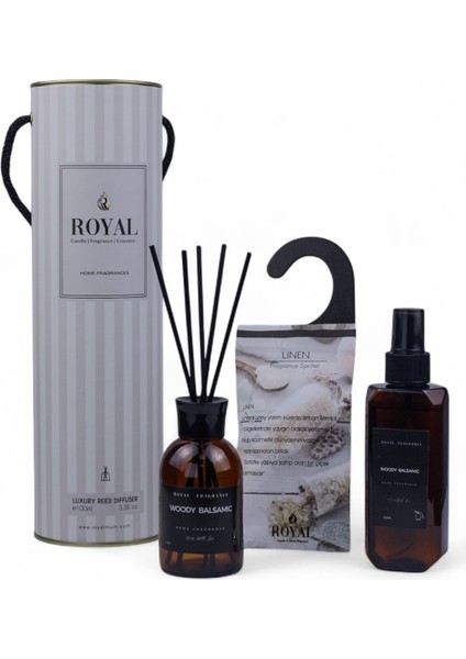 Woody Balsamic Özel Hediye Seti – 100 ml Çubuklu Oda Kokusu + 150 ml Oda & Kumaş Spreyi + Soft Linen Dolap Koku Kesesi + Şık Hediye Kutusu fiyatları