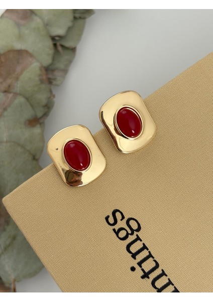 Vintage Tasarım Kare Model Bordo Gold Çelik Küpe modelleri