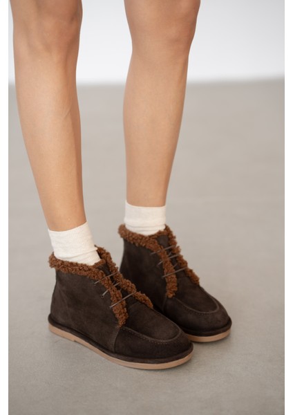 Averon Hakiki Deri Kürklü Bağcık Detaylı Kadın Bot- Kahve Süet