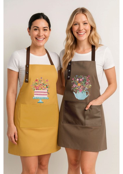 Mutfak Önlüğü Seti 2'li Leke Tutmaz Su Itici Kumaş Solmaz Baskı Çiçekli Pasta ve Demlik Desenli