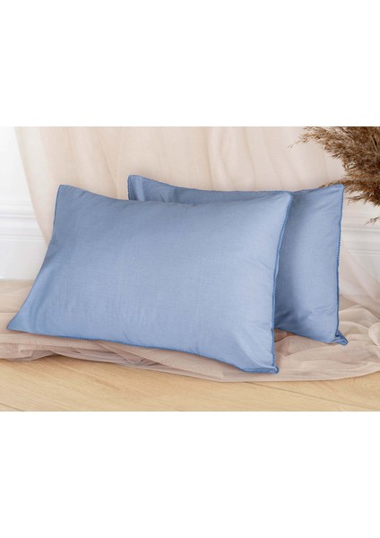 Yastık Kılıfı Simple Oyalı %100 Cotton 2'li Indigo Mavi