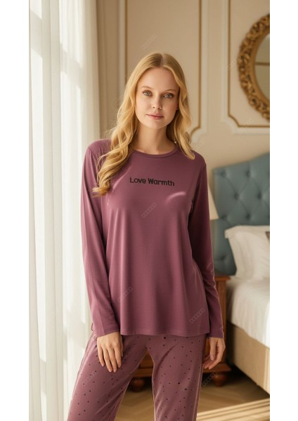 Kadın Yumuşak Dokulu Uzun Kollu Kalp Desenli Pijama Takımı fiyatları