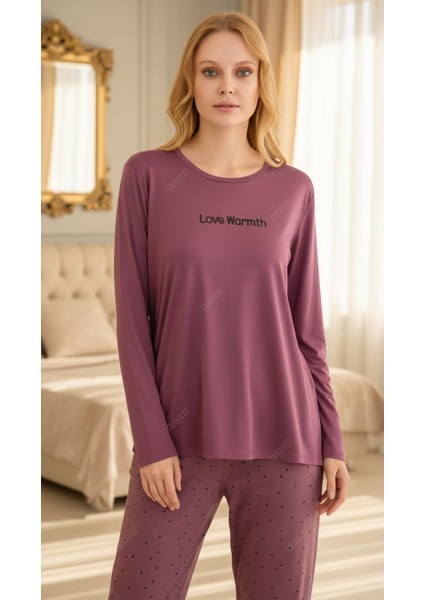 Kadın Yumuşak Dokulu Uzun Kollu Kalp Desenli Pijama Takımı modelleri