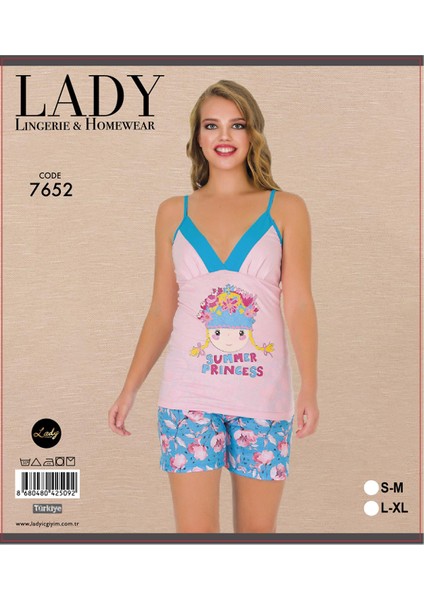 Lady Askılı Pembe Mavi Şortlu Pijama Takım