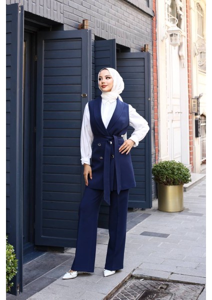 Gold Düğme Kuşaklı Yelek Takım