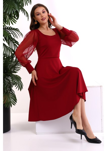 Yuvarlak Yaka Kol Tül Elbise F117