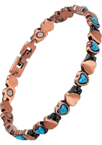%99.9 Saf Bakır Kalp Detaylı Manyetik Terapi Bilekliği | Turkuaz Taşlı Otantik Bakır Bilezik