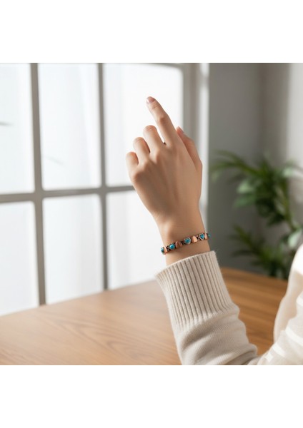 %99.9 Saf Bakır Kalp Detaylı Manyetik Terapi Bilekliği | Turkuaz Taşlı Otantik Bakır Bilezik modelleri