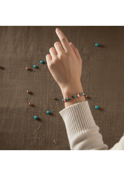 %99.9 Saf Bakır Kalp Detaylı Manyetik Terapi Bilekliği | Turkuaz Taşlı Otantik Bakır Bilezik fırsatları