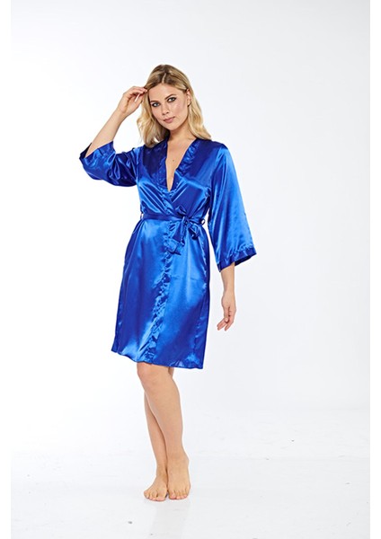 Saks Mavi Ipek Saten Sabahlık - 14008 - M - Saks Mavi