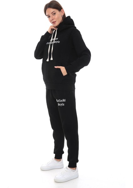 Siyah Şık Polarlı Kadın Eşofman Takımı Paça Lastikli Cepli Kapüşonlu Nakış Detaylı Compact Takım fiyatları