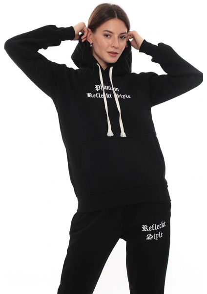 Siyah Şık Polarlı Kadın Eşofman Takımı Paça Lastikli Cepli Kapüşonlu Nakış Detaylı Compact Takım indirimleri
