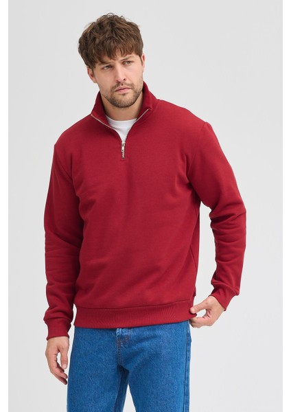 Unisex Regular Fit Rahat Kesim Pamuklu Içi Polarlı Yarım Fermuarlı Bordo Dik Yaka Sweatshirt modelleri