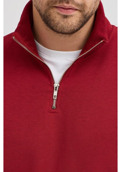 Unisex Regular Fit Rahat Kesim Pamuklu Içi Polarlı Yarım Fermuarlı Bordo Dik Yaka Sweatshirt indirimleri