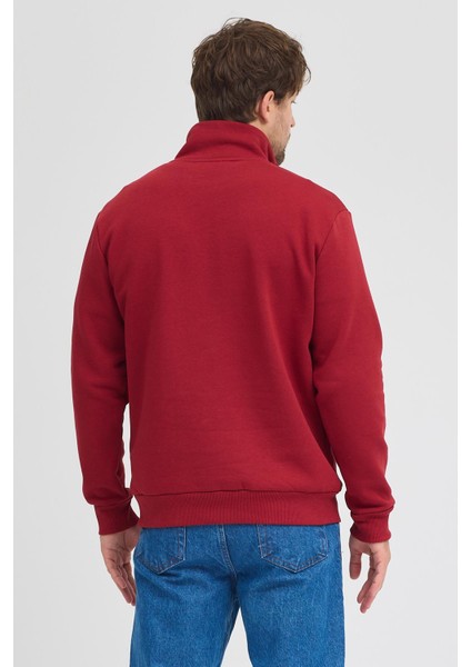 Unisex Regular Fit Rahat Kesim Pamuklu Içi Polarlı Yarım Fermuarlı Bordo Dik Yaka Sweatshirt