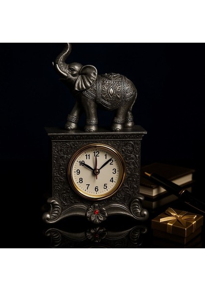 Fil Figürlü Zarif Masa Saati Bolluk Şans Simgesi Kırmızı Taş Detaylı Gri Renkli Fil Masa Saati 19 cm fırsatları