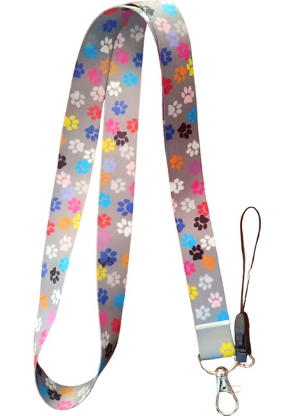 Gri Renk Renkli Pati Desenli Boyun Askı Ipi ve Telefon Askısı + Kartlık