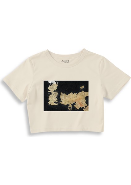 Game Of Thrones Map Crop Tişört - Ekru