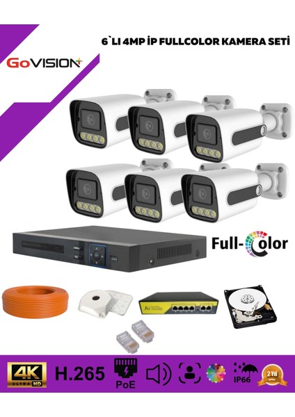 Go Vision 6'lı Güvenlik Ip Kamera Seti - 4mp Dış Mekan Kamera, 3.6mm Lens, H.265, Poe, Warm LED Gece Görüşlü