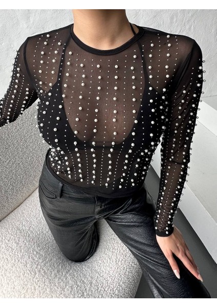 Parlak Taş Detaylı Tül Çıtçıtlı Siyah Kadın Bodysuit fiyatları