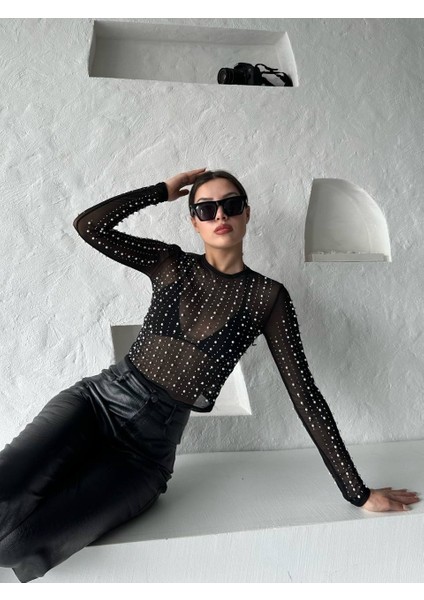 Parlak Taş Detaylı Tül Çıtçıtlı Siyah Kadın Bodysuit modelleri
