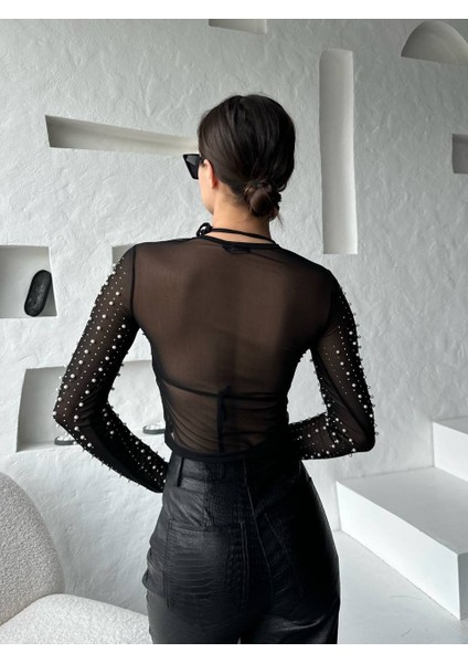 Parlak Taş Detaylı Tül Çıtçıtlı Siyah Kadın Bodysuit indirimleri
