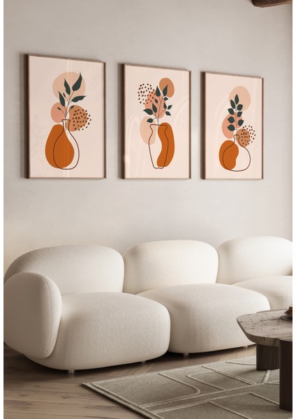 Minimalist Vazo Sanatı Soyut Çerçeve Görünümlü 3'lü Mdf Tablo