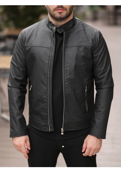 Erkek Siyah Yakası Çıtçıtlı Ryn Düz Deri Ceket