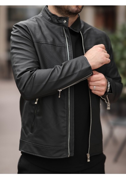 Erkek Siyah Yakası Çıtçıtlı Ryn Düz Deri Ceket fiyatları