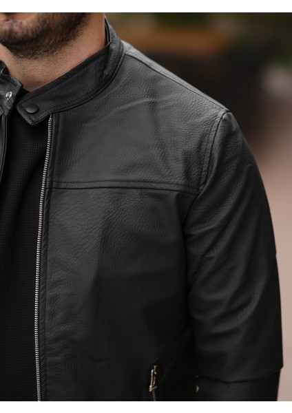 Erkek Siyah Yakası Çıtçıtlı Ryn Düz Deri Ceket indirimleri