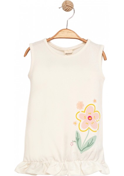 Kız Çocuk Ekru Kolsuz Elbise Pamuklu - Çiçek Desenli Elbise Fırfırlı Etek Ucu