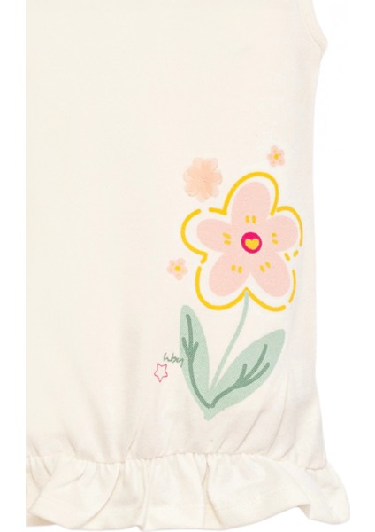 Kız Çocuk Ekru Kolsuz Elbise Pamuklu - Çiçek Desenli Elbise Fırfırlı Etek Ucu fiyatları