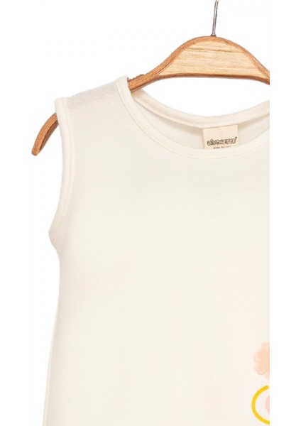 Kız Çocuk Ekru Kolsuz Elbise Pamuklu - Çiçek Desenli Elbise Fırfırlı Etek Ucu modelleri