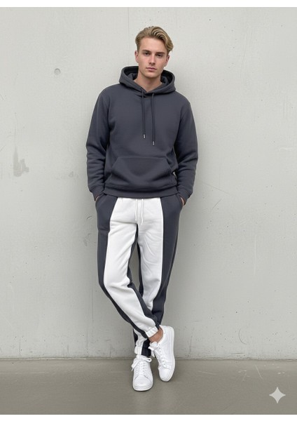 Erkek Oversize Kapüşonlu Sweatshırt**şeritli Jogger Eşofman Altı **fermuarlı Cepli Spor Kombın **siyah Gri**antrasit ***beyaz Renk Seçenekleriyle