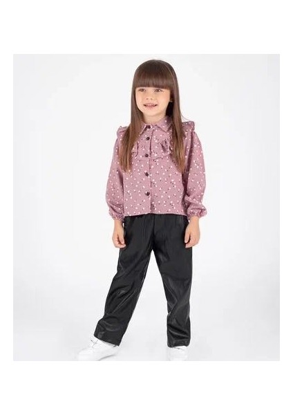 Kız Çocuk Deri Pantolon- Çiçekli Gömlek Alt Üst Takım