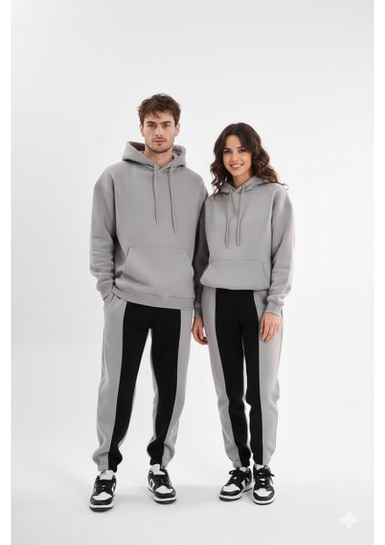 Erkek Oversize Kapüşonlu Sweatshırt *şeritli Jogger Eşofman **fermuarlı Cepli Spor Kombin** Siyah-Gri **anrasıt-Beyaz Renk