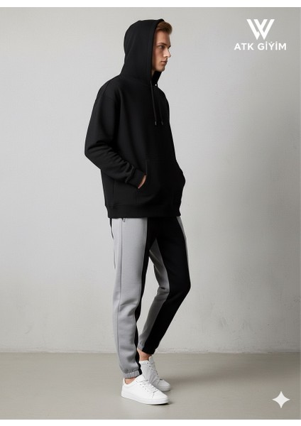 Erkek Oversize Kapüşonlu Sweatshırt**şeritli Jogger Eşofman Altı **fermuarlı Cepli Spor Kombın **siyah Gri**antrasit ***beyaz Renk Seçenekleriyle fiyatları