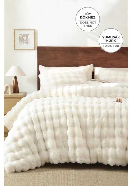 Diamond Kürk Yatak Örtüsü Seti Yastık Kılıflı Çift Kişilik Krem 3 Parça modelleri